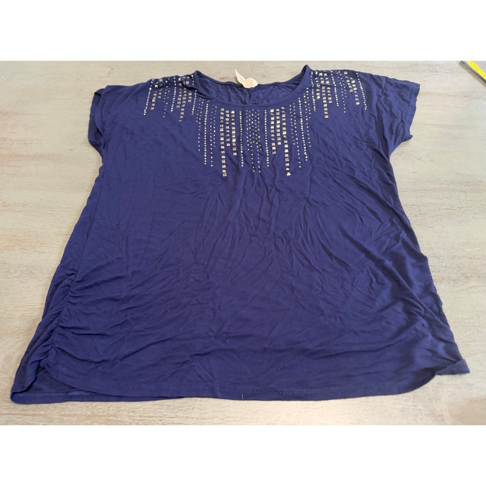 Faded Glory Womens 2X Blue Sapphire Studded Short Sleeve Ruched Top FGW34244 - Picture 2 of 4